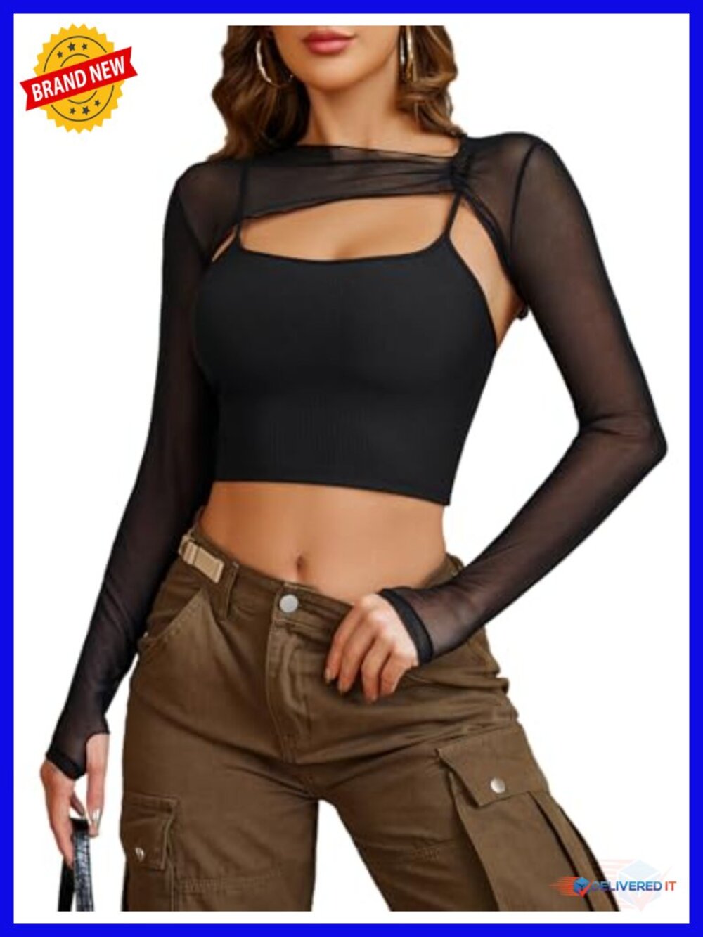Sexy Sheer Mesh Long Sleeve Crop Top 2 Piece Set with Thumb Holes Clubwear